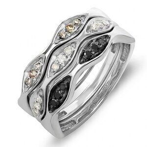 White, Black and Champagne Diamond Sterling Silver 3 Stackable Rings Set Size 6